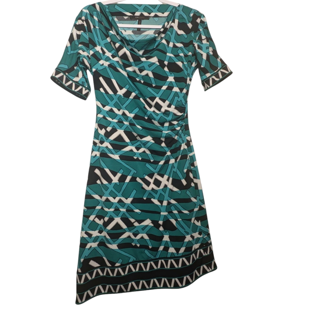 BCBG Maxazria Ruched Bodycon Dress Size S Green Black Printed Zip Details